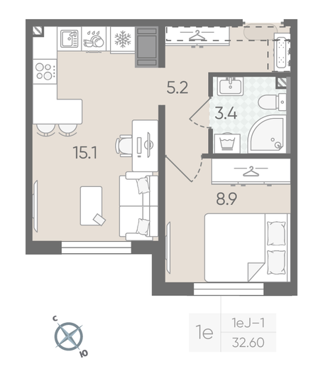 Продажа 1-комнатной квартиры 32,6 м², 9/15 этаж