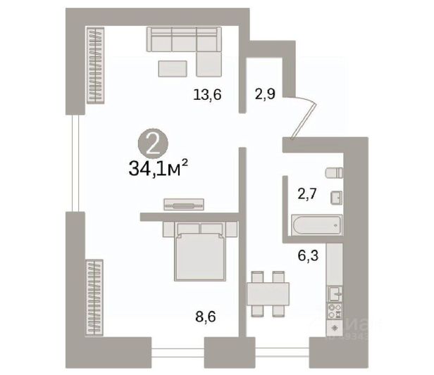 Продажа 2-комнатной квартиры 34,1 м², 1/9 этаж