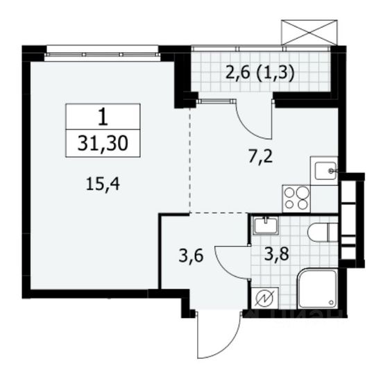 Продажа 1-комнатной квартиры 31,3 м², 6/16 этаж