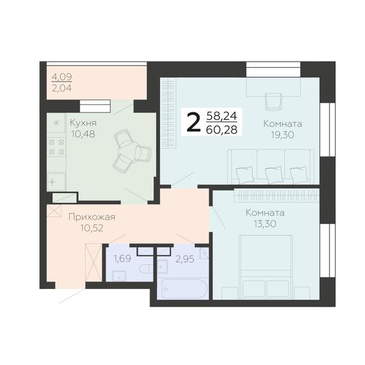 Продажа 2-комнатной квартиры 60,3 м², 4/18 этаж