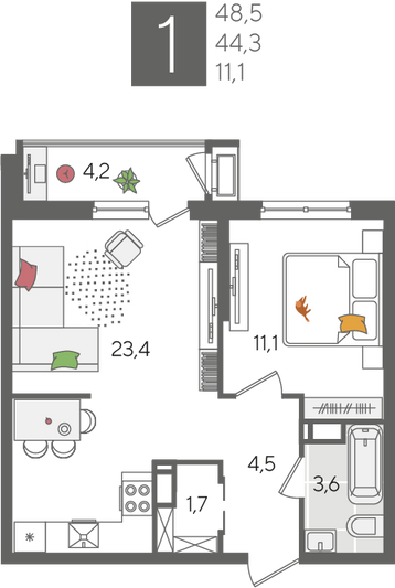 Продажа 1-комнатной квартиры 48,5 м², 21/24 этаж