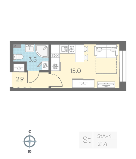 Продажа квартиры-студии 21,4 м², 2/11 этаж