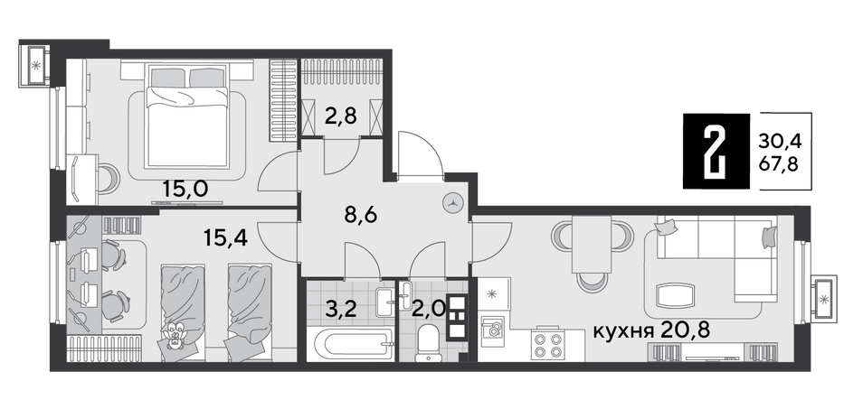 Продажа 2-комнатной квартиры 67,8 м², 5/18 этаж