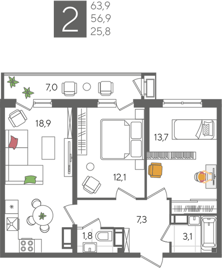 Продажа 2-комнатной квартиры 63,9 м², 20/24 этаж