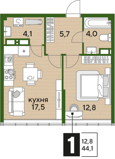 Продажа 1-комнатной квартиры 44,1 м², 15/16 этаж