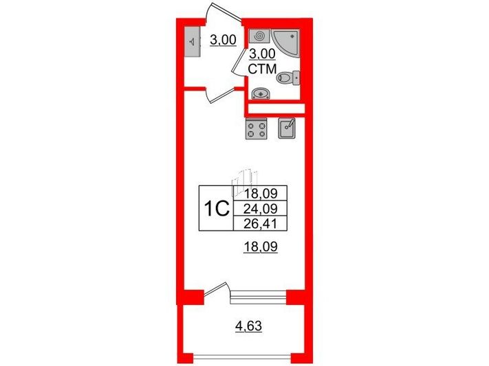 Продажа квартиры-студии 24,1 м², 2/4 этаж