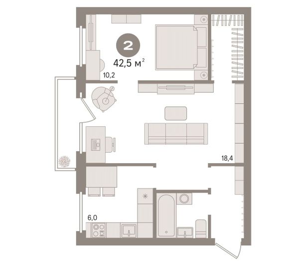 Продажа 2-комнатной квартиры 42,5 м², 3/4 этаж
