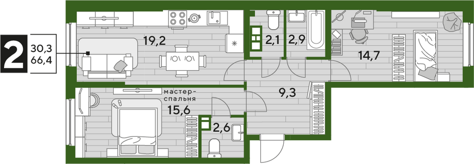 Продажа 2-комнатной квартиры 66,4 м², 8/16 этаж