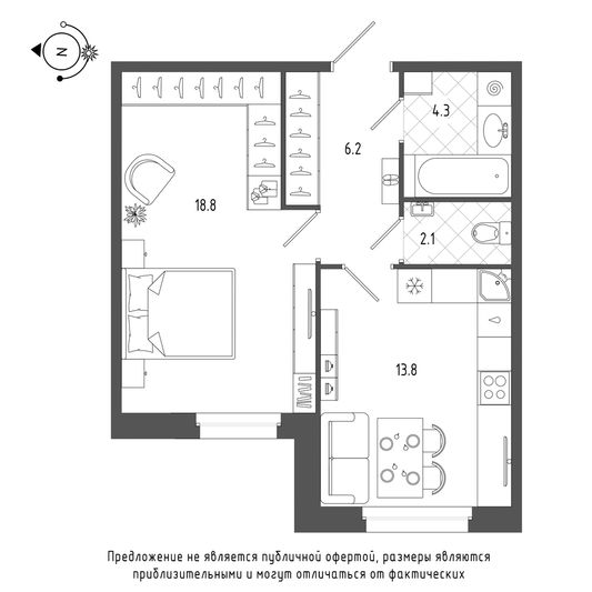 Продажа 1-комнатной квартиры 45,2 м², 1/19 этаж