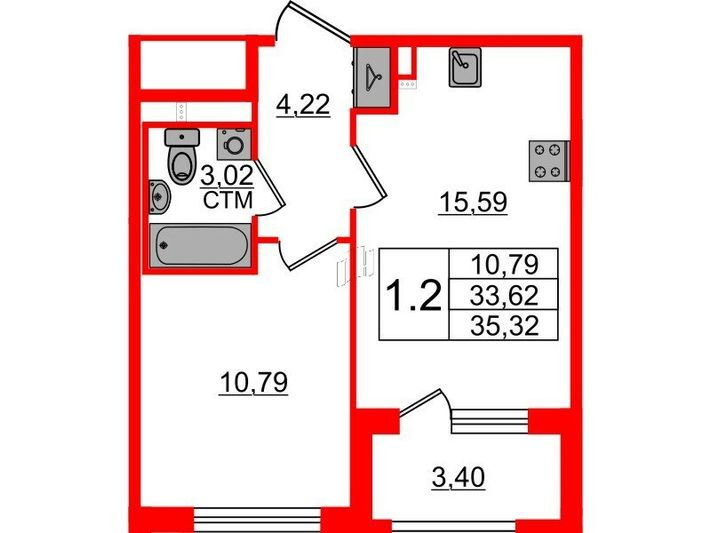 Продажа 1-комнатной квартиры 33,6 м², 3/4 этаж