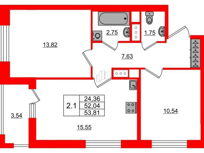 Продажа 2-комнатной квартиры 52 м², 5/20 этаж