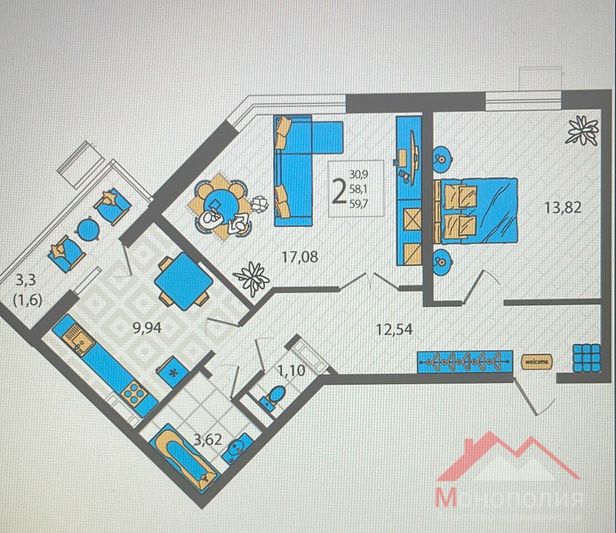 Продажа 2-комнатной квартиры 58 м², 2/8 этаж