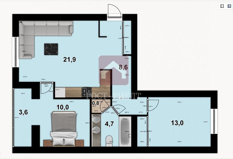 Продажа 2-комнатной квартиры 57,4 м², 9/10 этаж