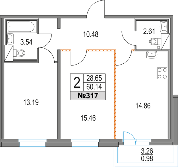 Продажа 2-комнатной квартиры 60,1 м², 2/16 этаж