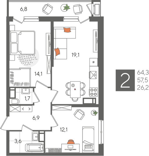 Продажа 2-комнатной квартиры 64,3 м², 20/24 этаж