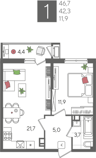 Продажа 1-комнатной квартиры 46,7 м², 4/24 этаж