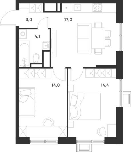 Продажа 2-комнатной квартиры 52,5 м², 16/17 этаж