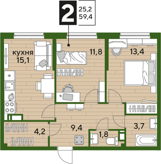 Продажа 2-комнатной квартиры 59,4 м², 12/16 этаж