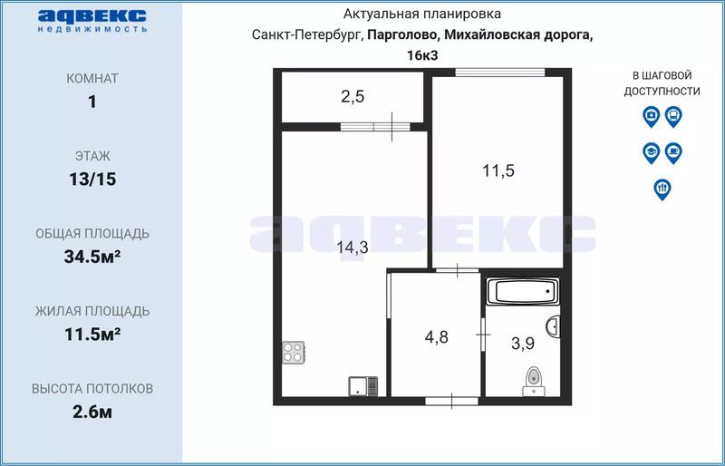 Продажа 1-комнатной квартиры 34,5 м², 13/15 этаж