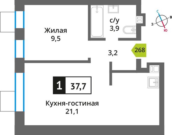 Продажа 1-комнатной квартиры 37,7 м², 4/6 этаж