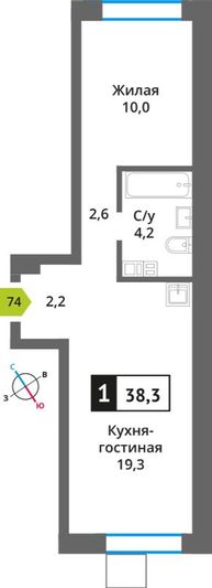 Продажа 1-комнатной квартиры 38,3 м², 3/9 этаж