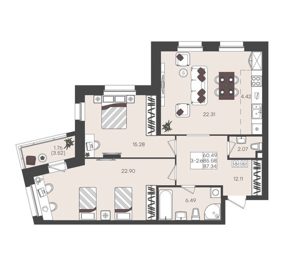 Продажа 3-комнатной квартиры 87,3 м², 2/22 этаж