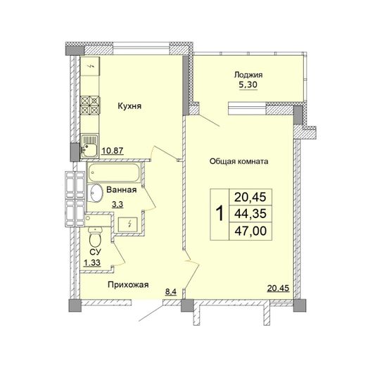 Продажа 1-комнатной квартиры 47 м², 6 этаж