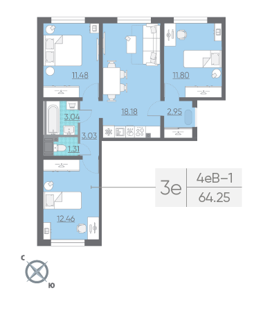 Продажа 3-комнатной квартиры 64,3 м², 2/16 этаж