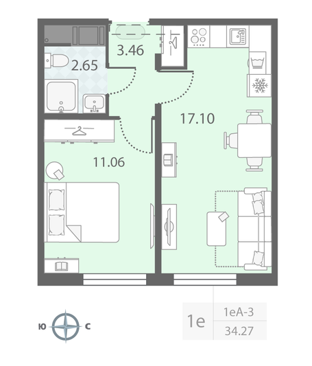 Продажа 1-комнатной квартиры 34,3 м², 4/23 этаж