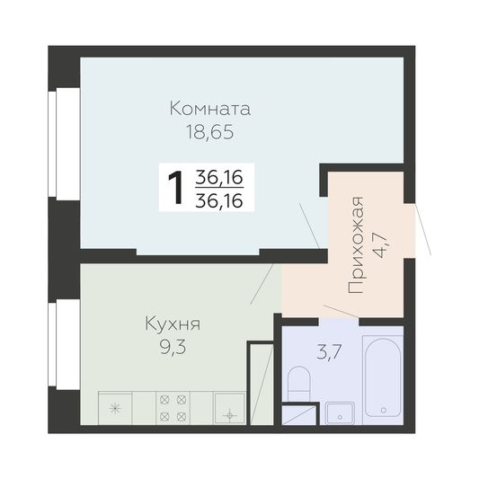Продажа 1-комнатной квартиры 36,2 м², 3/22 этаж
