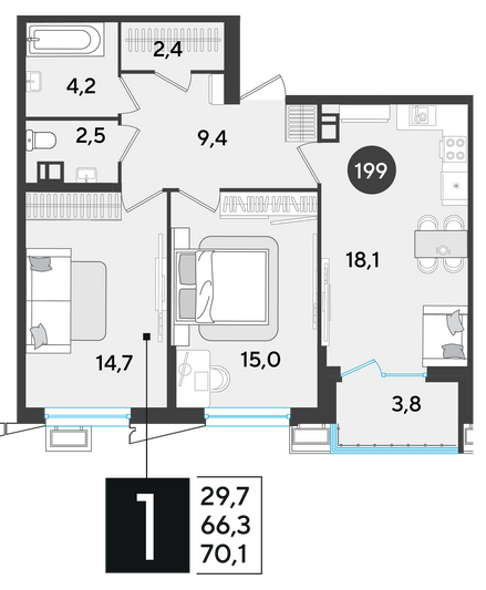 Продажа 2-комнатной квартиры 70,1 м², 7/9 этаж