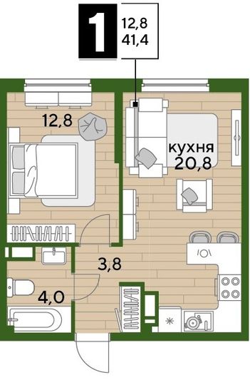 Продажа 1-комнатной квартиры 41,4 м², 12/16 этаж