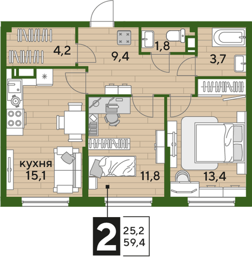 Продажа 2-комнатной квартиры 59,4 м², 12/16 этаж