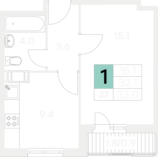 Продажа 1-комнатной квартиры 33 м², 5/9 этаж