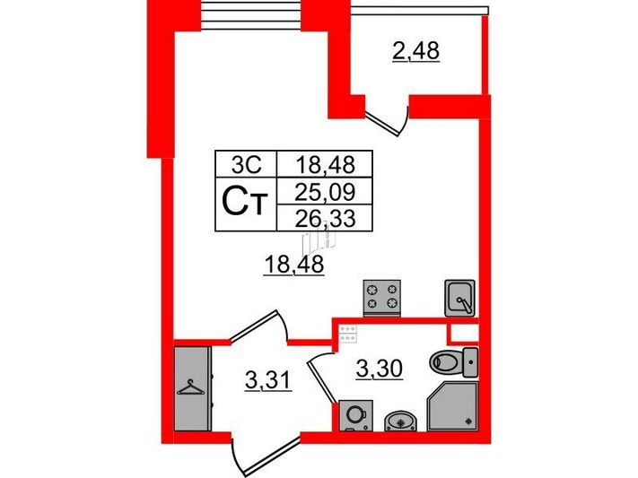 Продажа квартиры-студии 25,1 м², 3/5 этаж