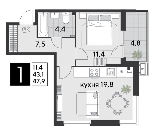 Продажа 1-комнатной квартиры 47,9 м², 2/9 этаж