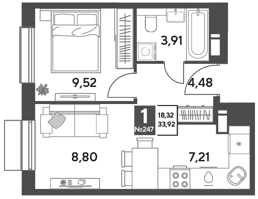 Продажа 1-комнатной квартиры 33,9 м², 10/12 этаж