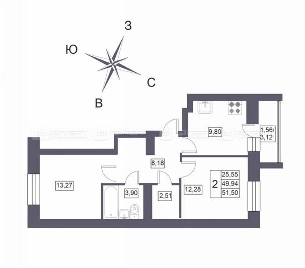 Продажа 2-комнатной квартиры 51,5 м², 6/10 этаж