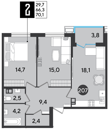 Продажа 2-комнатной квартиры 70,1 м², 8/9 этаж