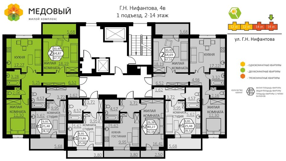 Продажа 2-комнатной квартиры 67,7 м², 4/14 этаж