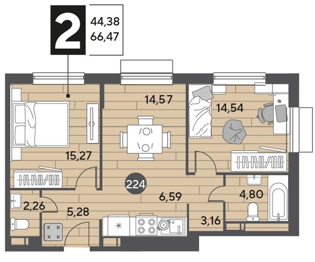 Продажа 2-комнатной квартиры 66,5 м², 7/12 этаж