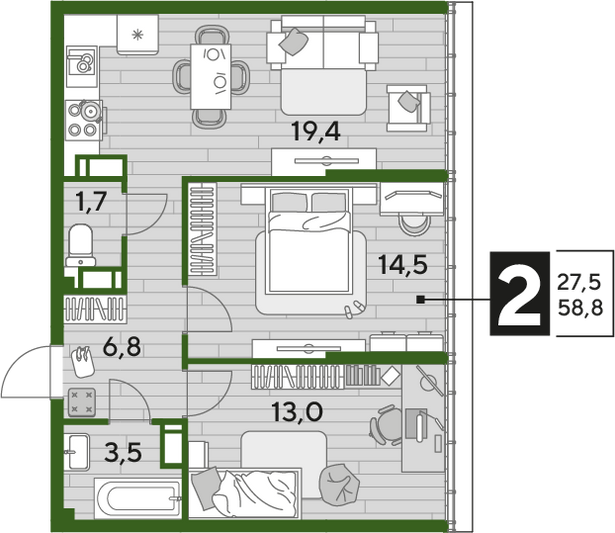 Продажа 2-комнатной квартиры 58,8 м², 16/16 этаж