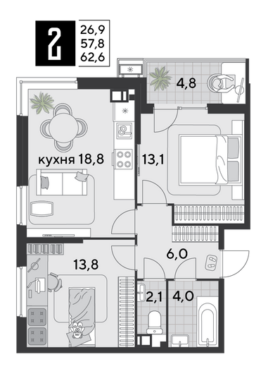 Продажа 2-комнатной квартиры 62,6 м², 3/18 этаж