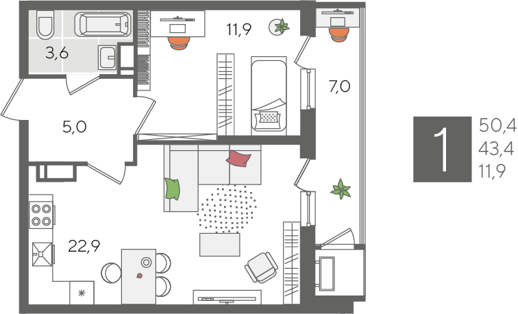 Продажа 1-комнатной квартиры 50,4 м², 24/24 этаж