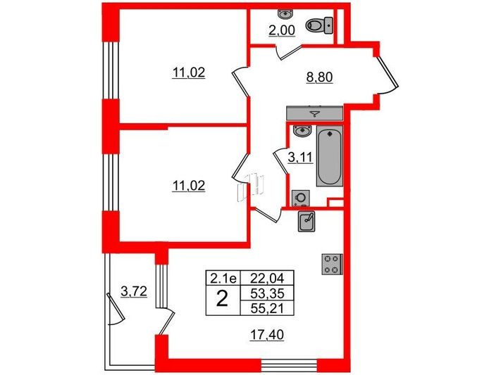 Продажа 2-комнатной квартиры 53,3 м², 1/5 этаж