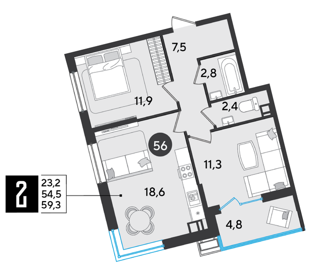 Продажа 2-комнатной квартиры 59,3 м², 9/16 этаж