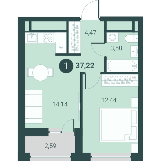 Продажа 1-комнатной квартиры 37,2 м², 14/14 этаж