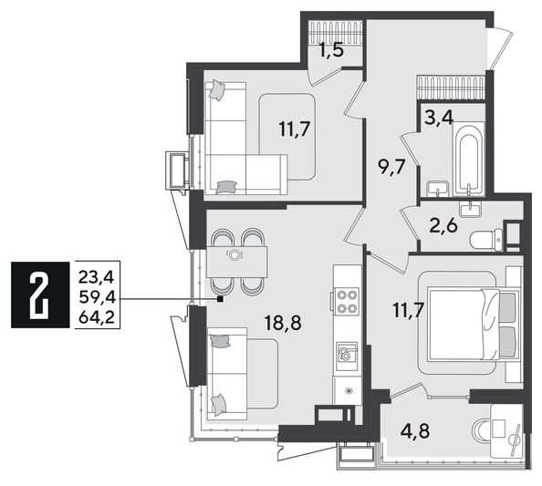 Продажа 2-комнатной квартиры 64,2 м², 18/18 этаж