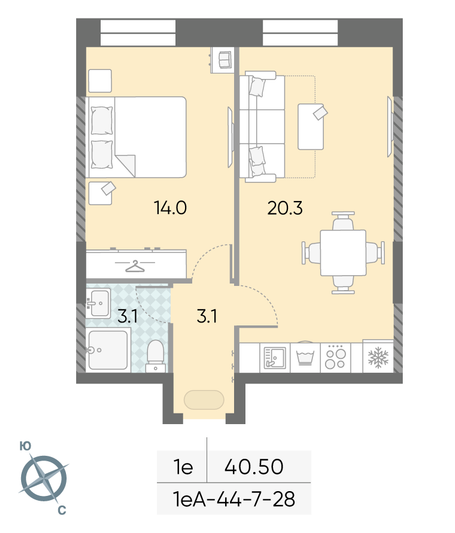 Продажа 1-комнатной квартиры 40,5 м², 7/28 этаж