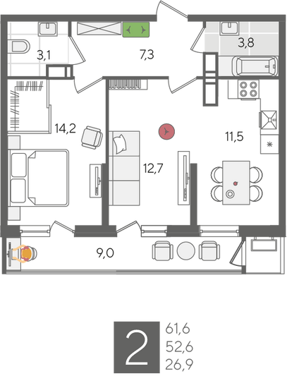 Продажа 2-комнатной квартиры 61,6 м², 24/24 этаж